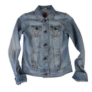 Hollister Womens Denim Jacket Light Wash Distressed Button‎ Front Size Small